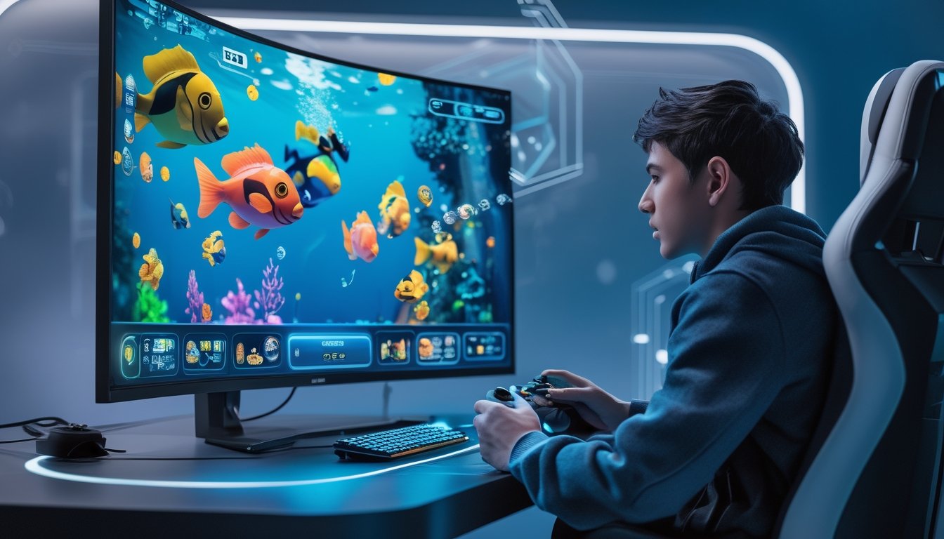 Seorang pemain muda sedang bermain game tembak ikan online di depan layar komputer dengan latar belakang grafis ikan berwarna-warni dan elemen digital.