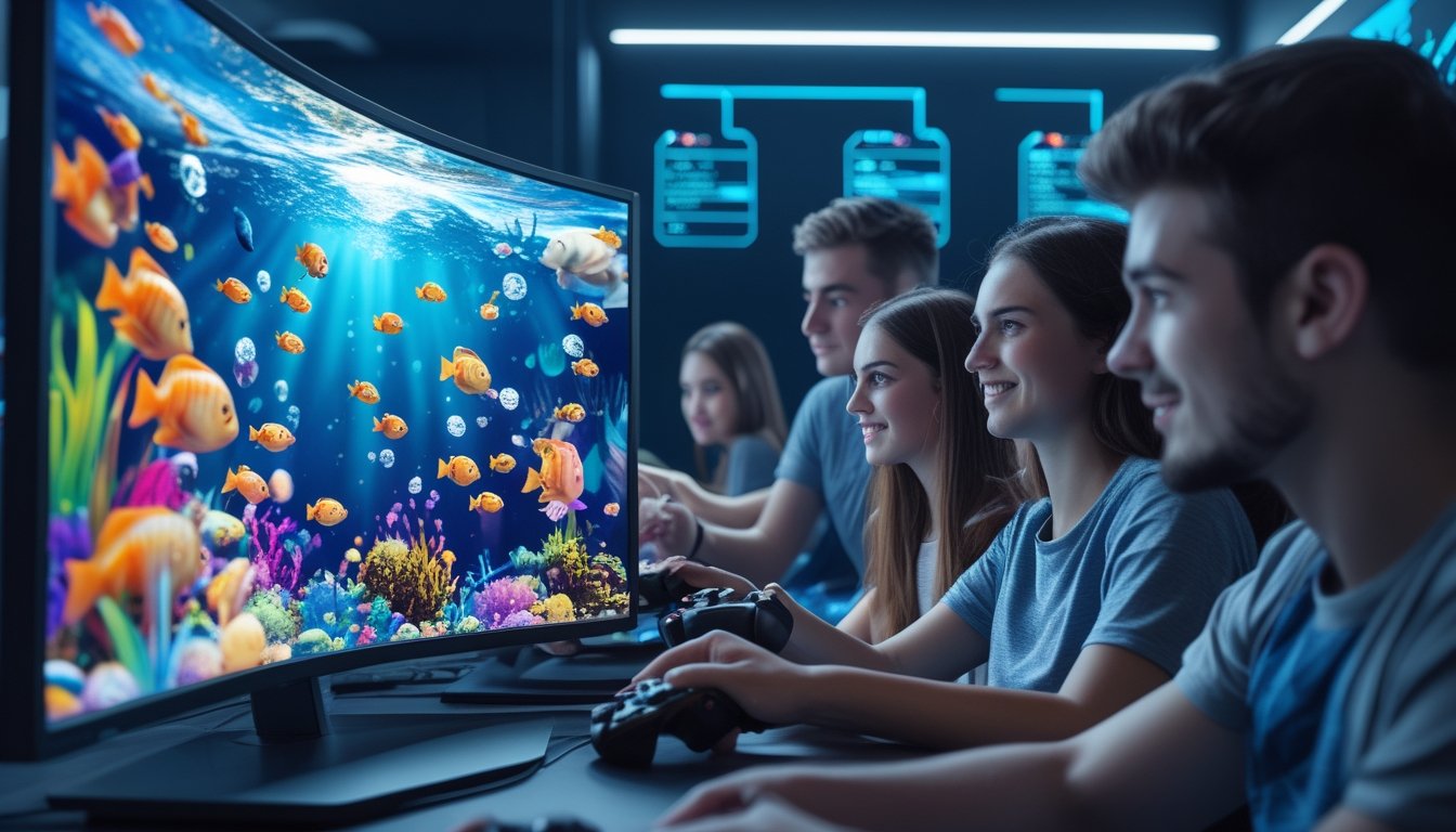 Sekelompok orang muda bermain game tembak ikan online di depan layar komputer dengan grafis ikan berwarna-warni di latar belakang.