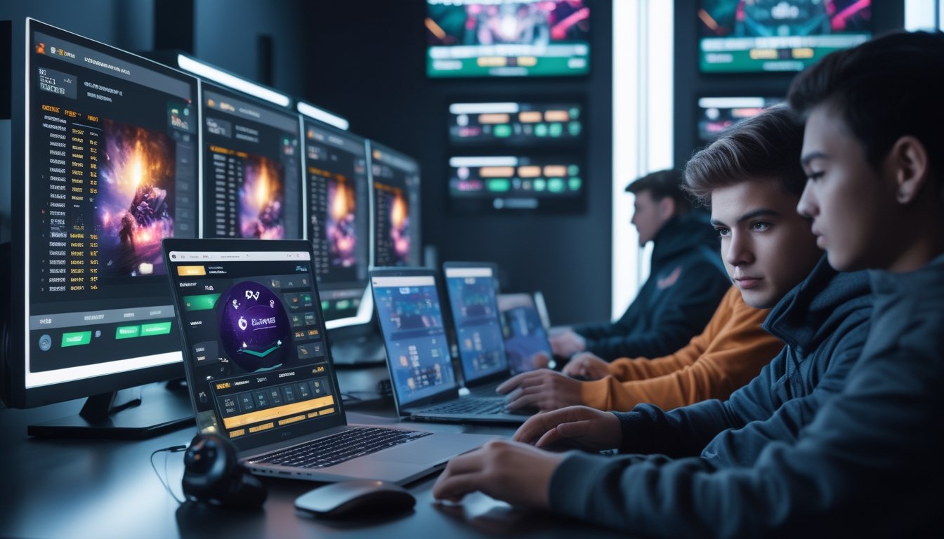 Sekelompok orang muda sedang menggunakan laptop dan ponsel untuk bertaruh pada pertandingan esports di sebuah ruangan modern dengan beberapa monitor yang menampilkan permainan esports.
