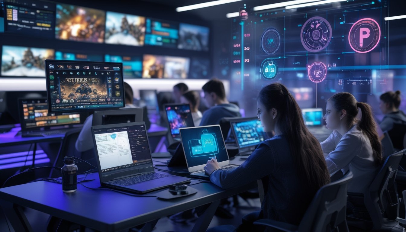 Sekelompok orang muda sedang menggunakan laptop dan ponsel untuk mengikuti pertandingan esports di ruang modern dengan beberapa monitor yang menampilkan game esports, dengan tampilan grafik dan ikon yang menggambarkan taruhan dan regulasi.