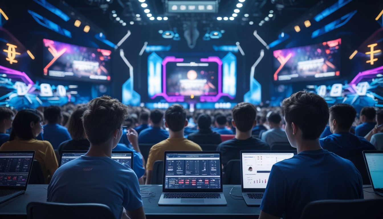 Kerumunan orang menonton pertandingan esports di arena dengan beberapa orang menggunakan laptop dan ponsel untuk memasang taruhan online.