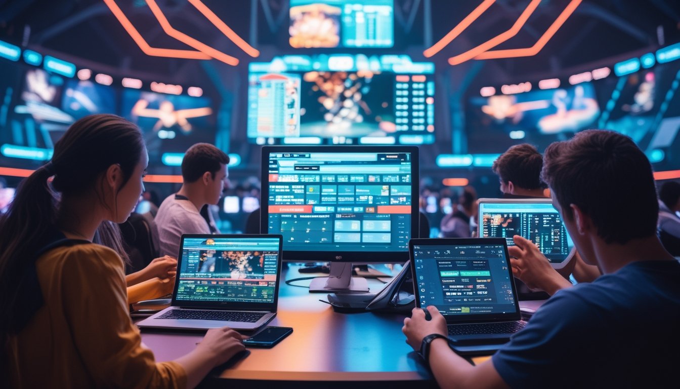 Sejumlah orang muda menggunakan perangkat digital di arena esports modern dengan layar besar menampilkan permainan esports dan data taruhan.
