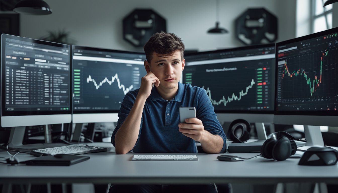 Seorang pria muda duduk di meja dengan beberapa layar komputer yang menampilkan turnamen esports dan grafik keuangan, terlihat berpikir dan serius.