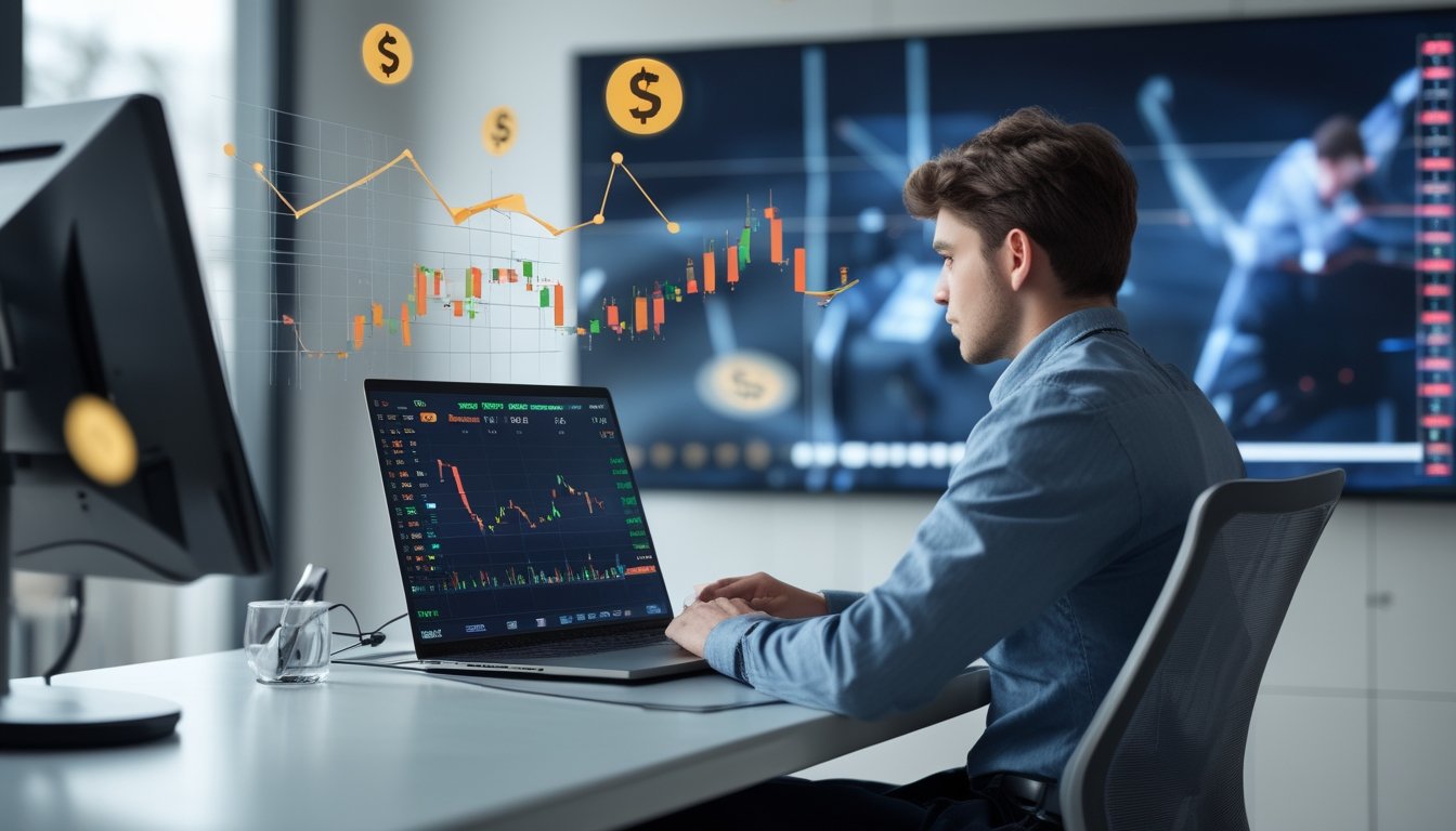 Seorang pria muda duduk di meja dengan laptop yang menampilkan permainan esports dan grafik keuangan, menggambarkan risiko finansial dalam taruhan esports.