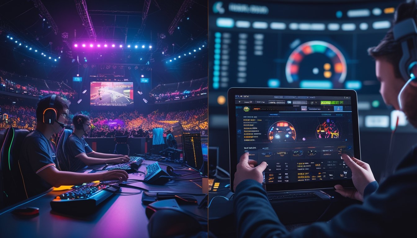 Dua adegan berdampingan, sebelah kiri menunjukkan pemain esports profesional yang sedang bertanding di turnamen dengan penonton, sebelah kanan menunjukkan seseorang menggunakan perangkat digital untuk aktivitas taruhan esports.