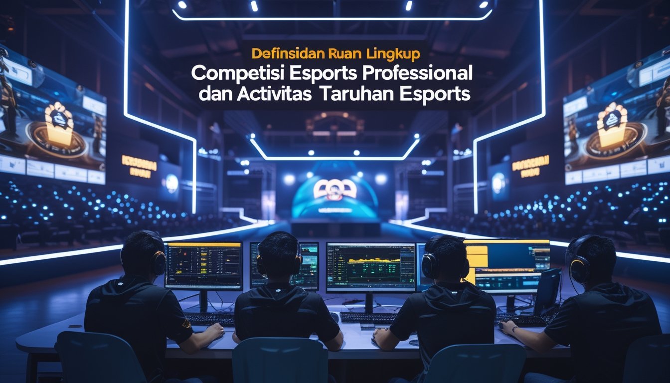 Seorang kelompok pemain esports profesional sedang bertanding di arena dengan pencahayaan LED, sementara kelompok lain berdiskusi tentang aktivitas taruhan esports menggunakan perangkat digital.
