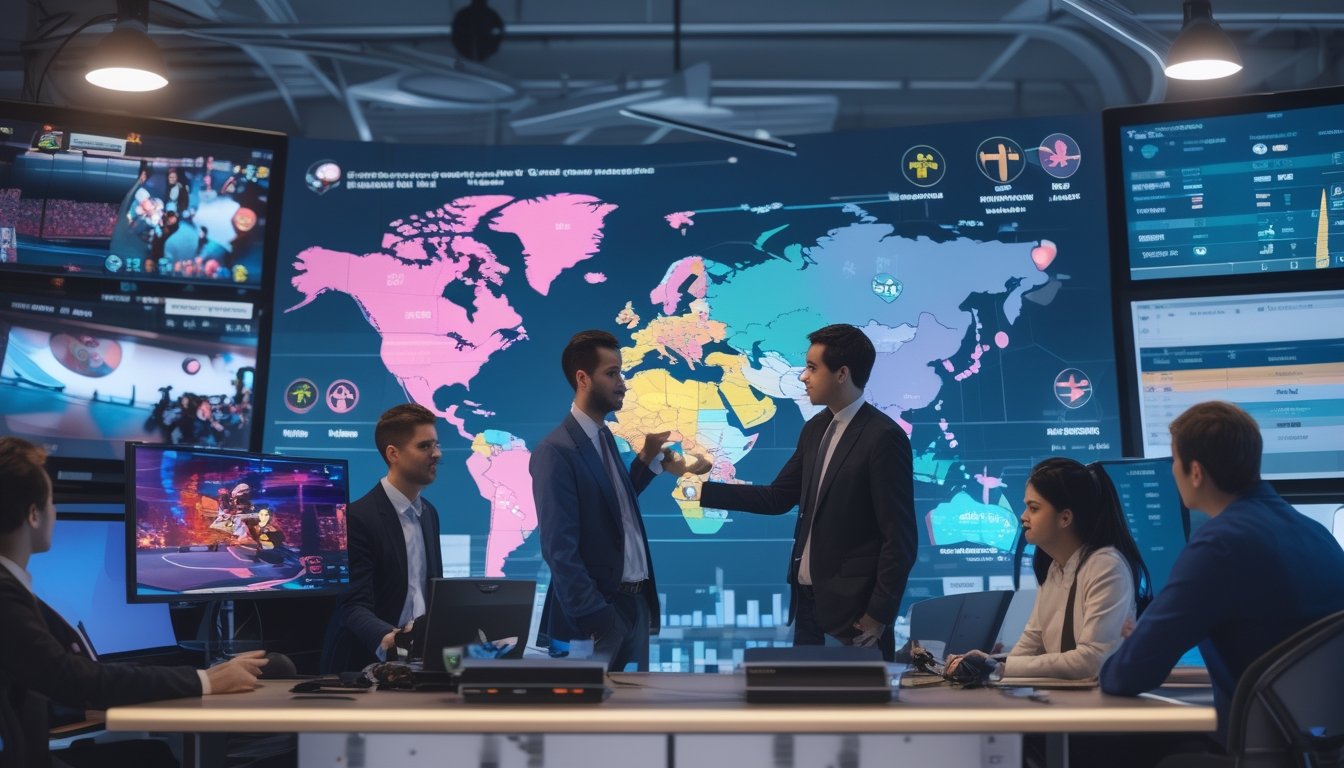 Orang-orang berdiskusi di depan peta dunia digital yang menunjukkan regulasi taruhan esports di berbagai negara dengan layar komputer menampilkan permainan esports dan grafik taruhan.