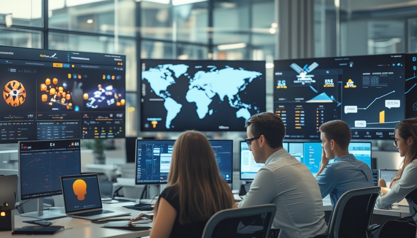 Sekelompok orang sedang menganalisis layar komputer yang menampilkan permainan esports, peta dunia, dan data taruhan di sebuah kantor modern.