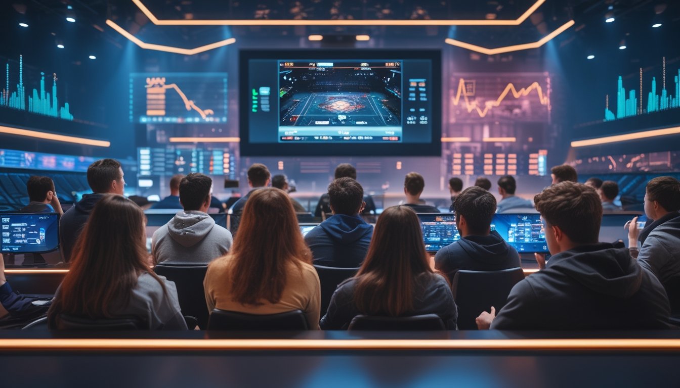 Sekelompok orang muda menonton pertandingan esports di arena dengan layar besar dan grafik data di latar belakang.
