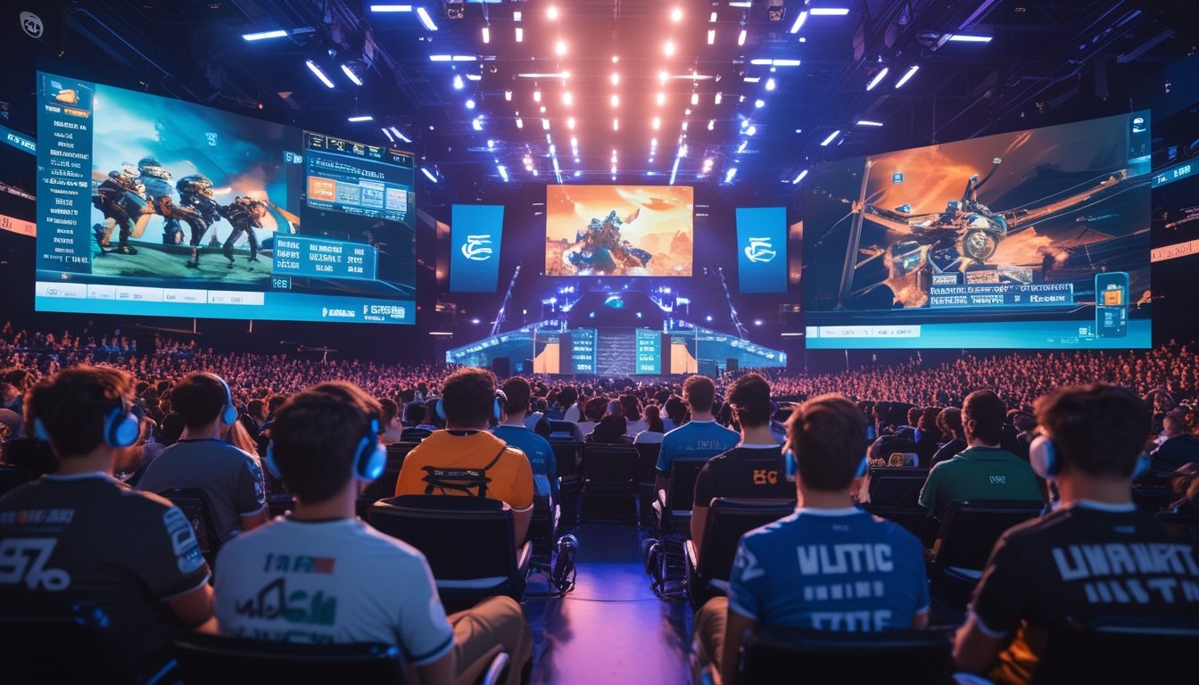 Kerumunan penonton muda di arena esports yang penuh semangat menonton pertandingan dengan layar besar dan antarmuka taruhan digital terlihat di sampingnya.
