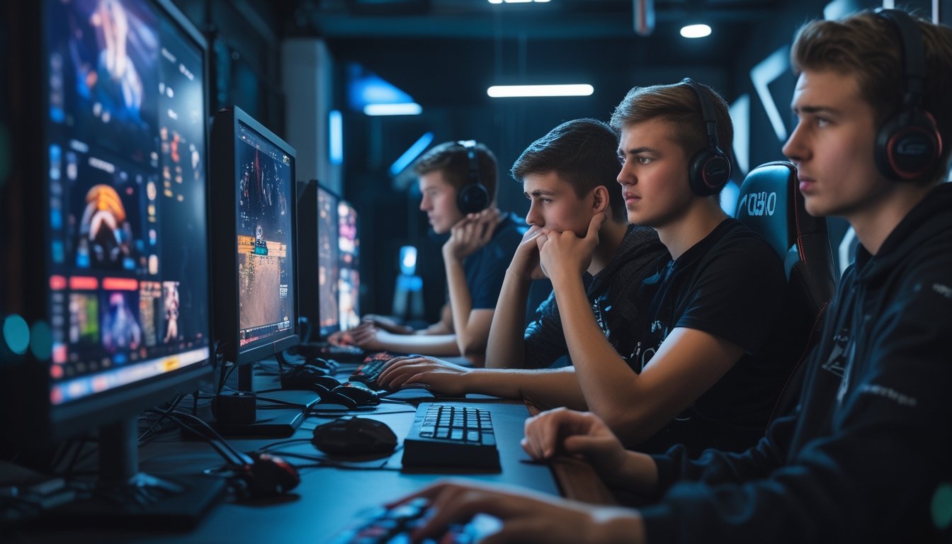 Sekelompok orang muda di ruang esports sedang berdiskusi dengan ekspresi cemas dan dukungan, dengan layar komputer menampilkan permainan esports.