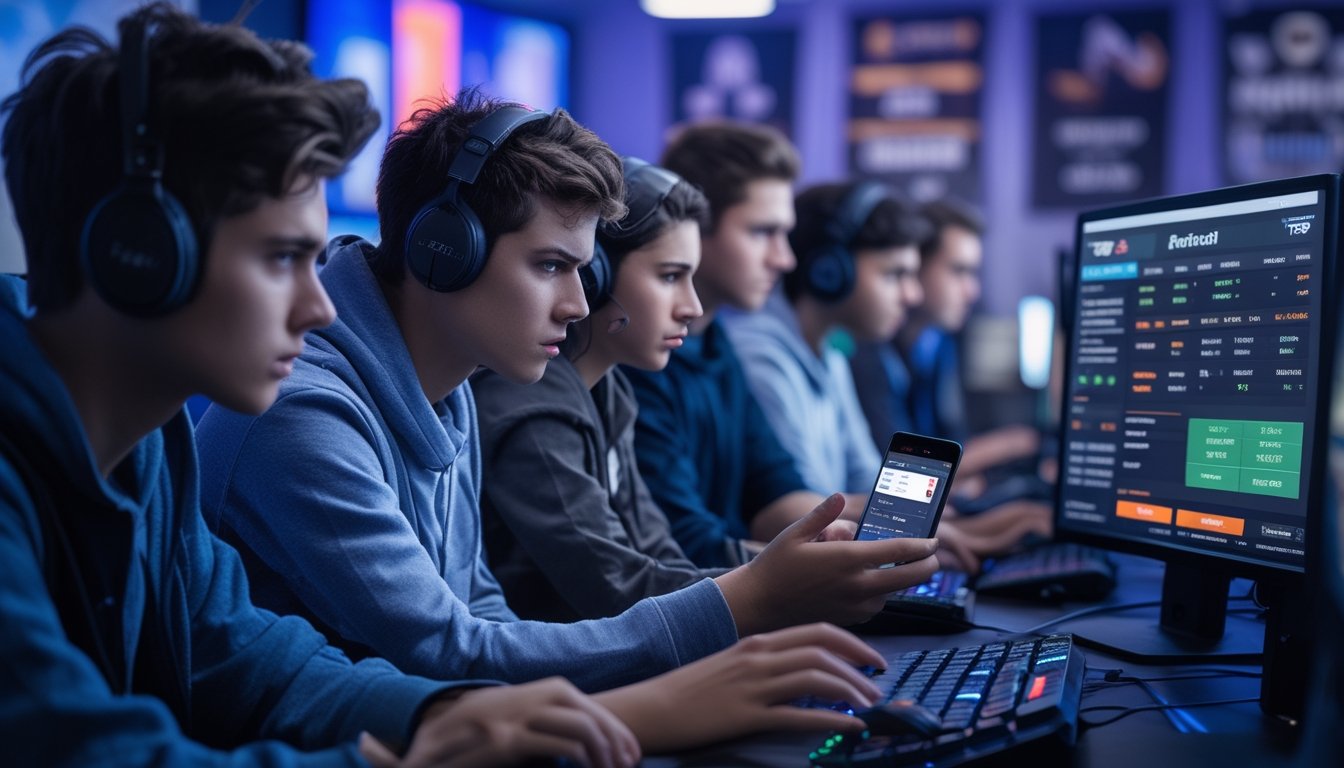 Sekelompok orang muda di ruang esports yang serius bermain dan menunjukkan tanda-tanda kekhawatiran terkait perilaku berisiko.