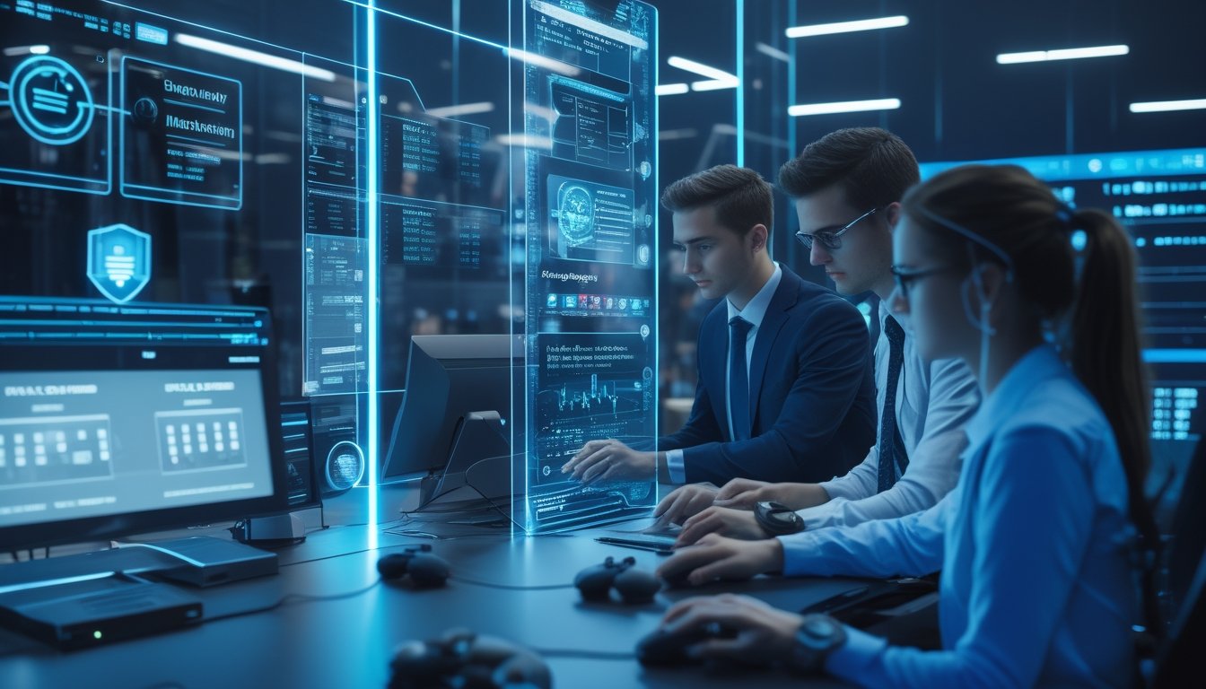 Sejumlah profesional muda bekerja bersama di ruang kerja modern dengan layar digital transparan menampilkan data dan keamanan, dengan elemen esports seperti kontroler dan papan skor digital di latar belakang.