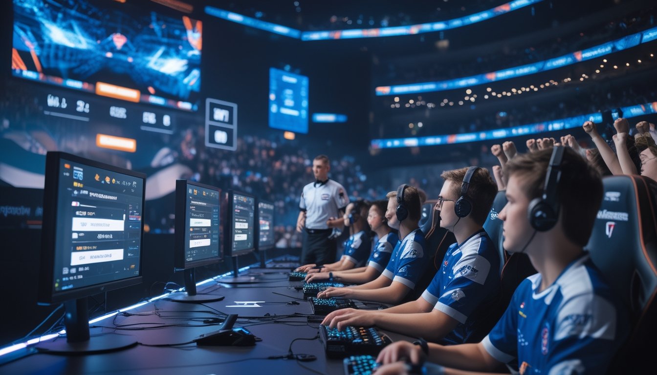 Para pemain esports sedang bermain di arena dengan wasit mengawasi, di latar belakang terdapat penonton yang bersorak dan layar digital menampilkan data taruhan.