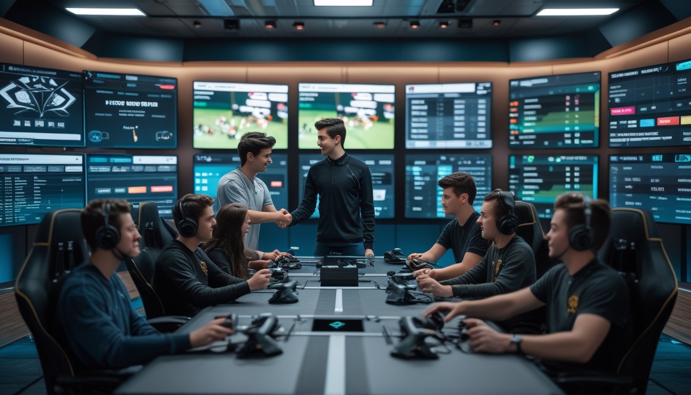 Sekelompok orang muda berkumpul di ruang permainan modern dengan layar besar menampilkan permainan esports dan data taruhan, saling berjabat tangan sebagai simbol kepercayaan dan kompetisi yang adil.