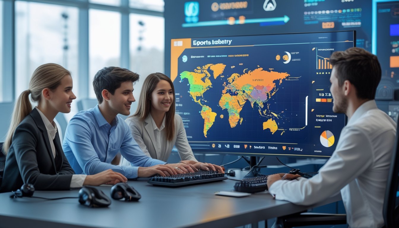 Sekelompok profesional muda bekerja bersama di ruang kantor modern dengan layar digital menampilkan grafik esports dan peta dunia.
