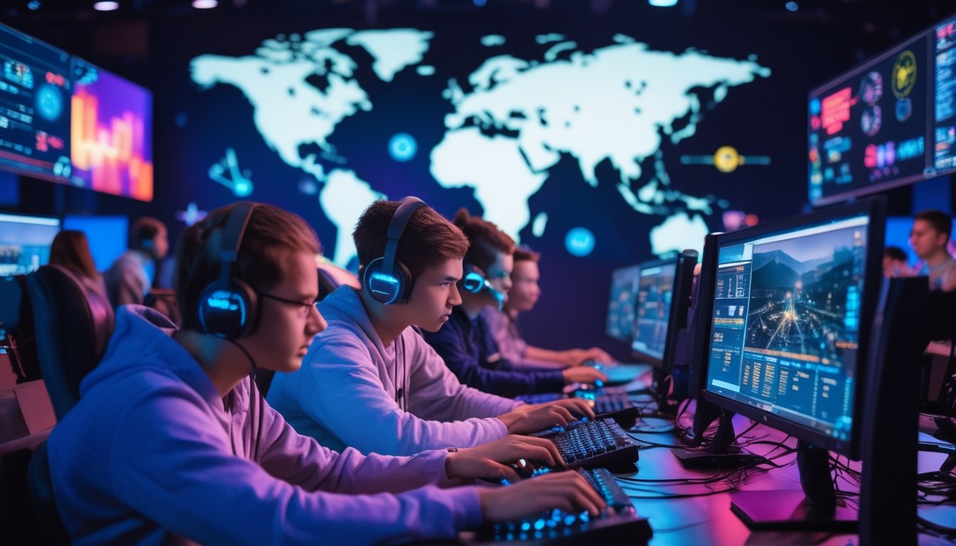 Sekelompok orang muda bermain game esports di depan komputer dengan latar belakang peta dunia dan elemen teknologi yang menunjukkan pertumbuhan industri esports secara global.