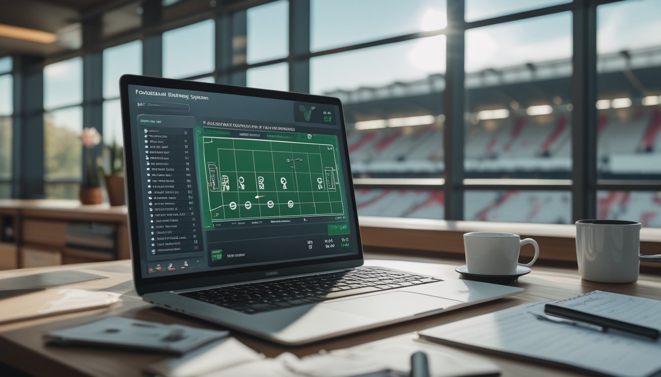 Seorang profesional sedang bekerja dengan laptop yang menampilkan sistem taruhan sepak bola 1X2, dengan latar stadion sepak bola terlihat melalui jendela.