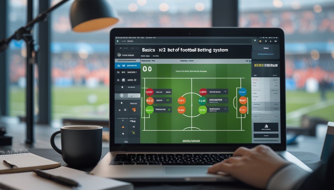 Seorang pemula sedang belajar sistem taruhan sepak bola 1X2 dengan laptop yang menampilkan opsi taruhan, di ruang kerja dengan latar belakang stadion sepak bola.