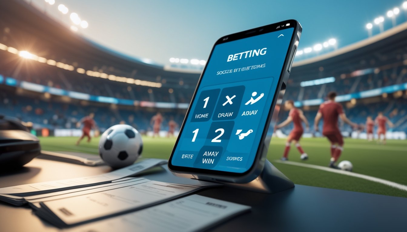 Layar perangkat digital menampilkan pilihan taruhan sepak bola 1, X, dan 2 dengan latar belakang stadion sepak bola dan pemain yang sedang bertanding.
