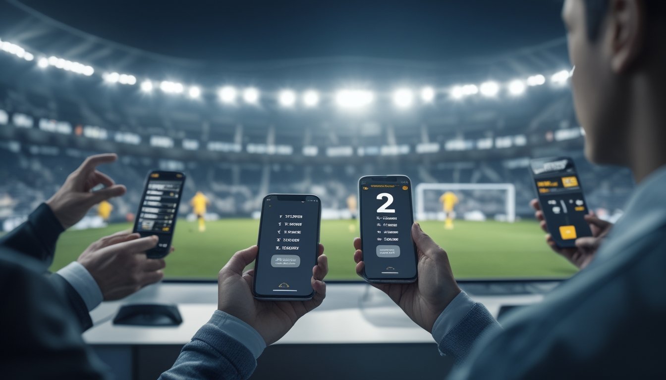 Orang-orang menggunakan perangkat digital untuk memasang taruhan sepak bola dengan latar belakang stadion dan pertandingan sepak bola yang sedang berlangsung.