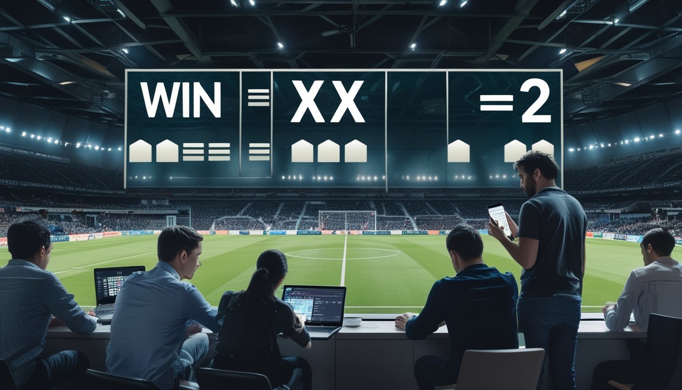 Orang-orang sedang melihat papan digital dengan angka peluang taruhan 1X2 sepak bola di latar stadion sepak bola penuh penonton.