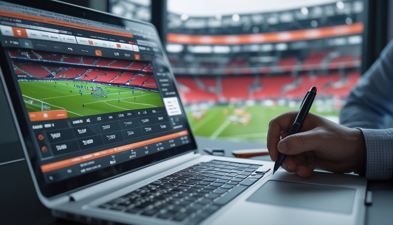 Seorang pria sedang melihat layar laptop yang menampilkan peluang taruhan sepak bola 1X2 dengan latar belakang stadion sepak bola dan pemain yang sedang bermain.