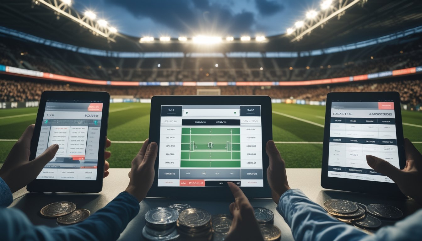 Orang-orang sedang melihat dan menganalisis taruhan sepak bola di stadion yang ramai dengan pertandingan berlangsung di layar besar.