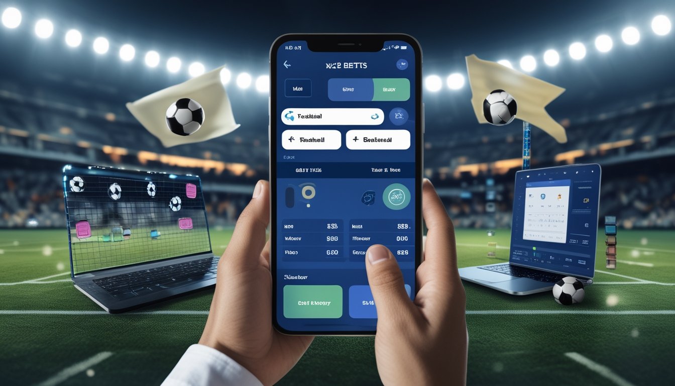Tampilan perangkat digital dengan opsi taruhan 1X2, papan strategi sepak bola, pelatih yang menganalisis statistik pemain, dan latar belakang stadion dengan penonton.