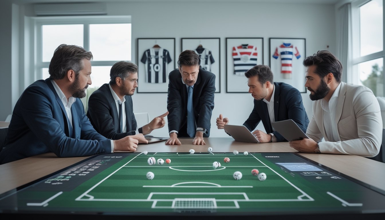 Sekelompok orang sedang berdiskusi dan menganalisis strategi pertandingan sepak bola di ruang konferensi modern.