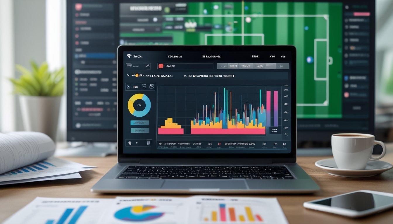 Meja kerja dengan laptop yang menampilkan grafik statistik sepak bola, layar digital dengan peta panas lapangan, dan alat kerja lainnya.