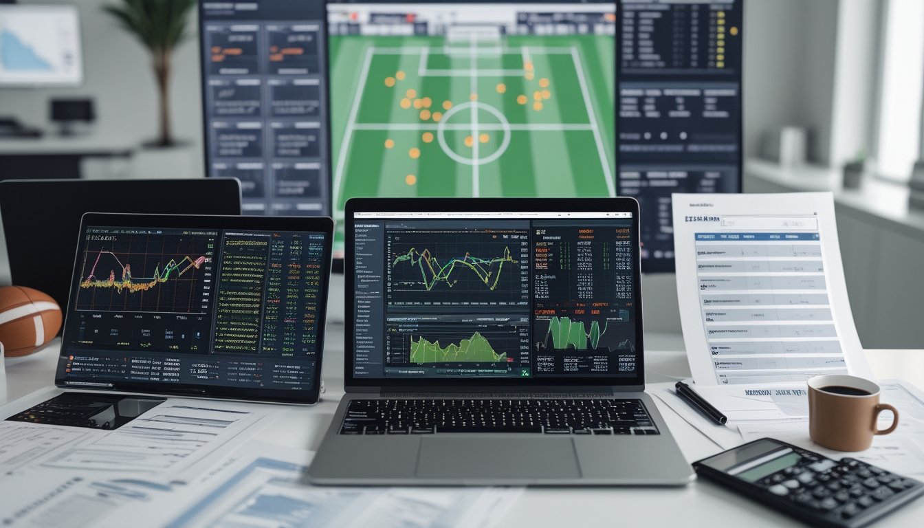 Seorang analis duduk di depan laptop dengan grafik statistik sepak bola dan data taruhan, di meja terdapat bola sepak, kalkulator, dan kertas dengan angka-angka.