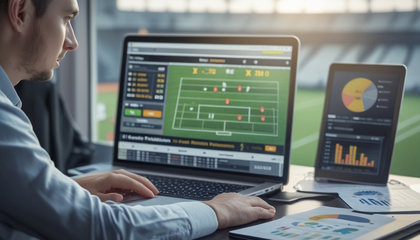 Seseorang sedang menganalisis data prediksi pertandingan sepak bola di depan laptop dengan antarmuka taruhan olahraga, di meja terdapat tablet dan dokumen, latar belakang menunjukkan stadion sepak bola.