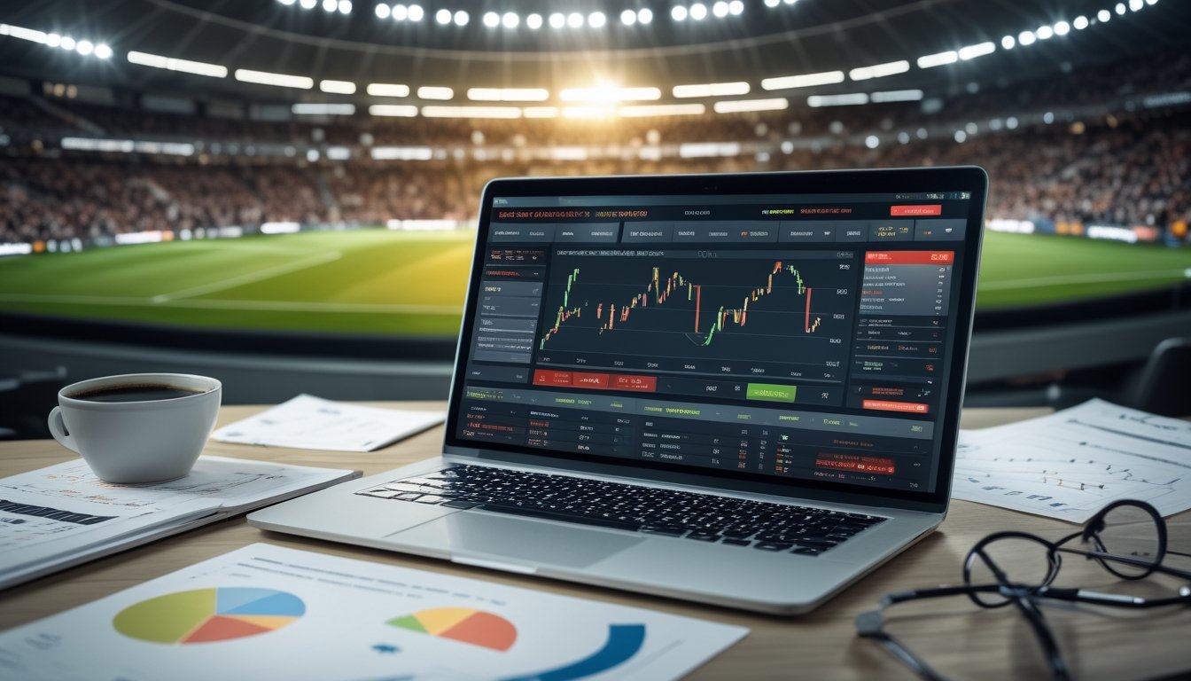 Sebuah ruang kerja modern dengan laptop yang menampilkan dashboard prediksi taruhan pertandingan sepak bola, kertas dengan grafik dan statistik, serta layar besar yang memperlihatkan stadion sepak bola dengan penonton.