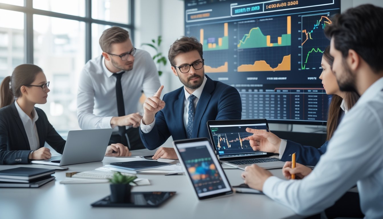 Sekelompok profesional sedang berdiskusi dan menganalisis data peluang dan probabilitas di sebuah kantor modern.