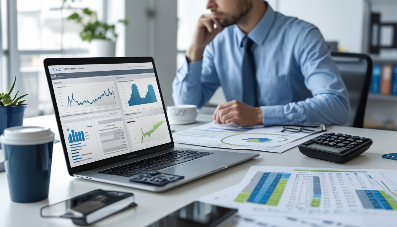 Seorang profesional sedang menganalisis data peluang dan probabilitas di meja kerja dengan laptop, kalkulator, dan dokumen statistik.