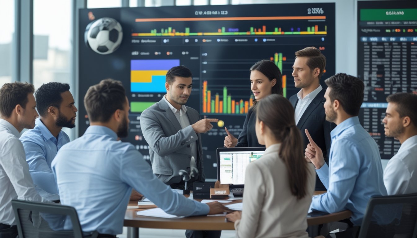 Sekelompok orang sedang berdiskusi dan menganalisis data pasar taruhan sepak bola di sebuah kantor modern.