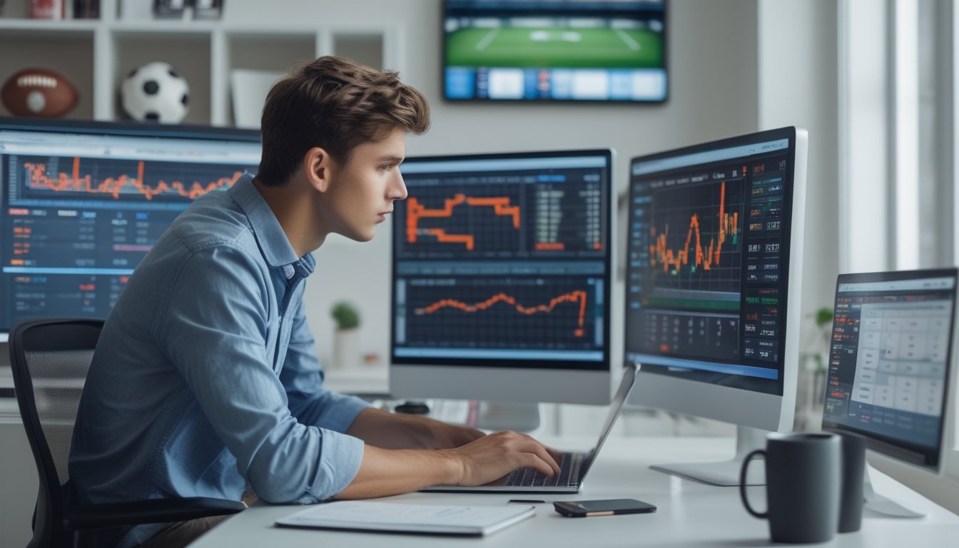 Seorang pria muda fokus duduk di meja dengan beberapa layar komputer yang menampilkan statistik dan data sepak bola, sedang menganalisis pasar taruhan 1X2.