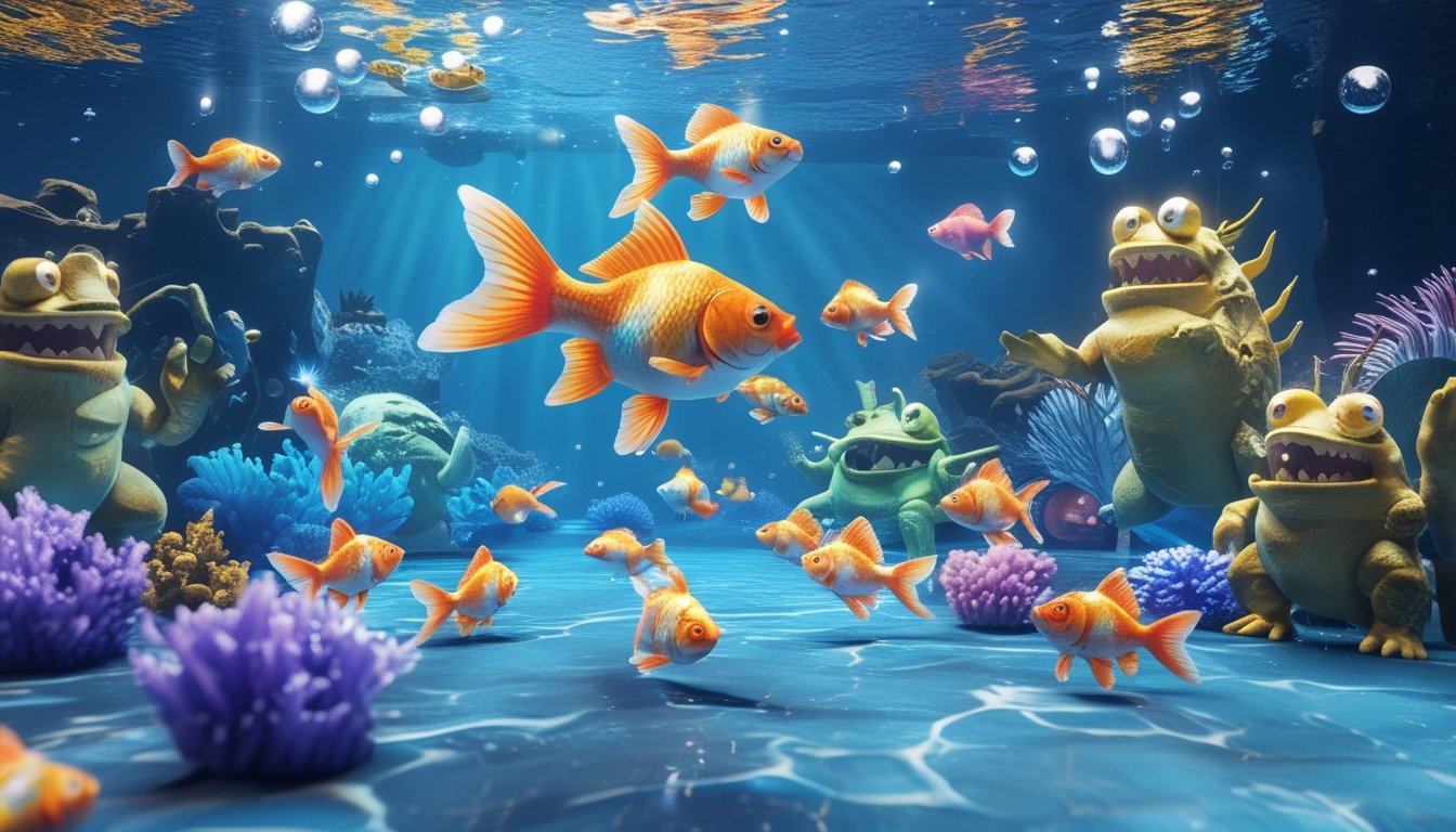 Pemandangan bawah air dengan ikan mas berwarna cerah dan berbagai monster laut yang unik berenang di air jernih.