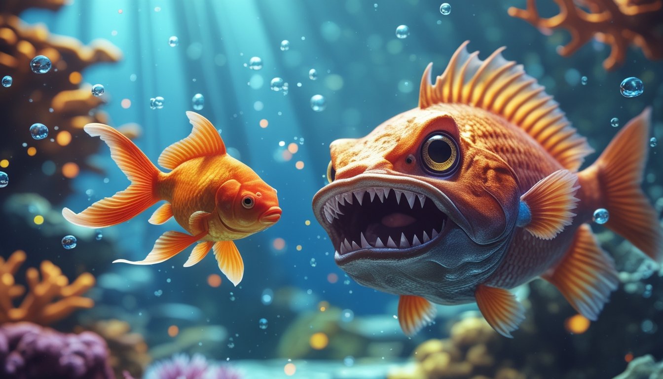 Adegan bawah air dengan ikan mas berwarna oranye di satu sisi dan ikan monster besar yang menyeramkan di sisi lain, dikelilingi terumbu karang berwarna-warni dan gelembung air.