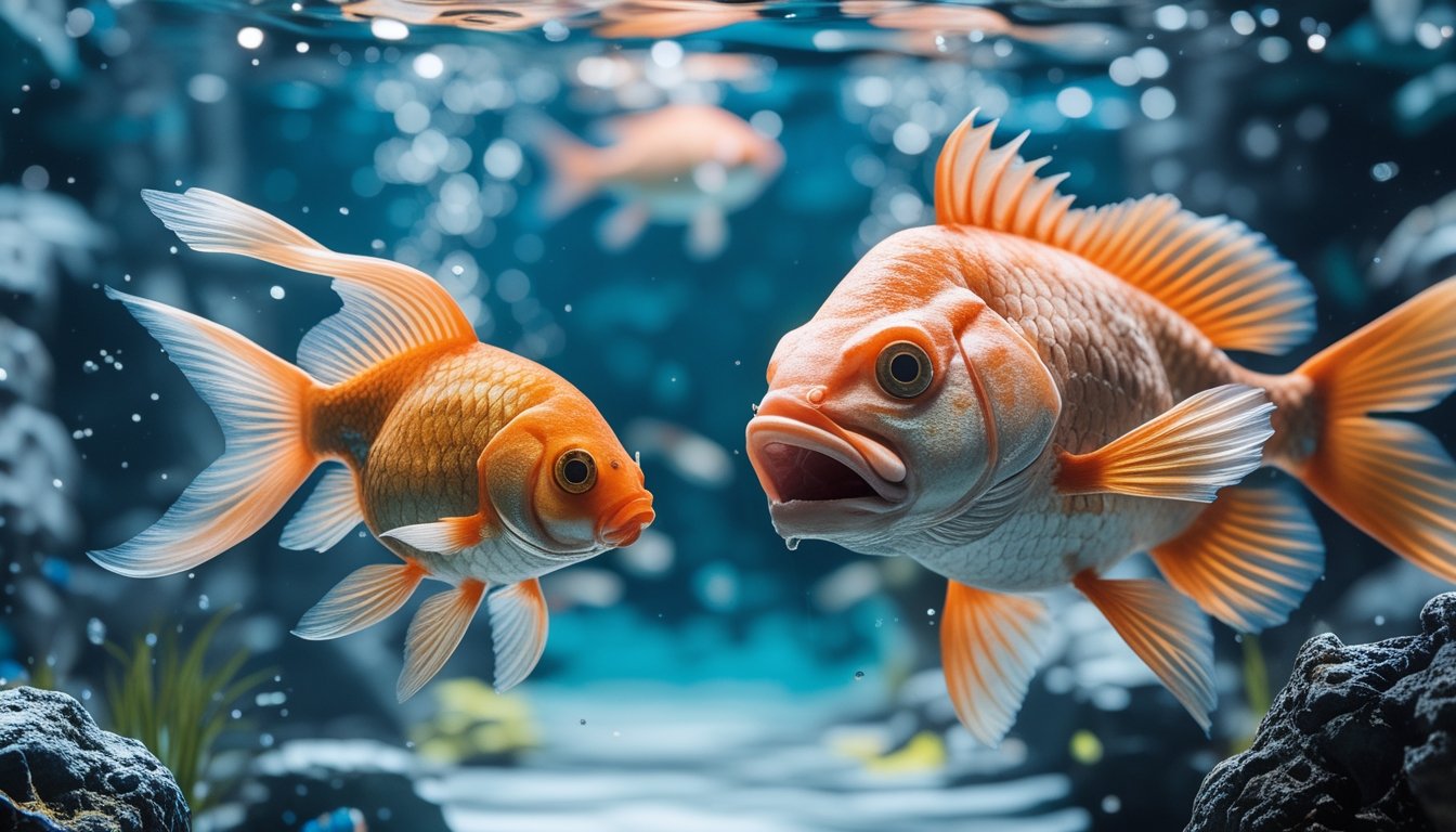 Gambar dua ikan di bawah air, satu ikan mas berwarna cerah dan satu ikan monster dengan fitur tajam, berenang berhadapan di lingkungan bawah air.