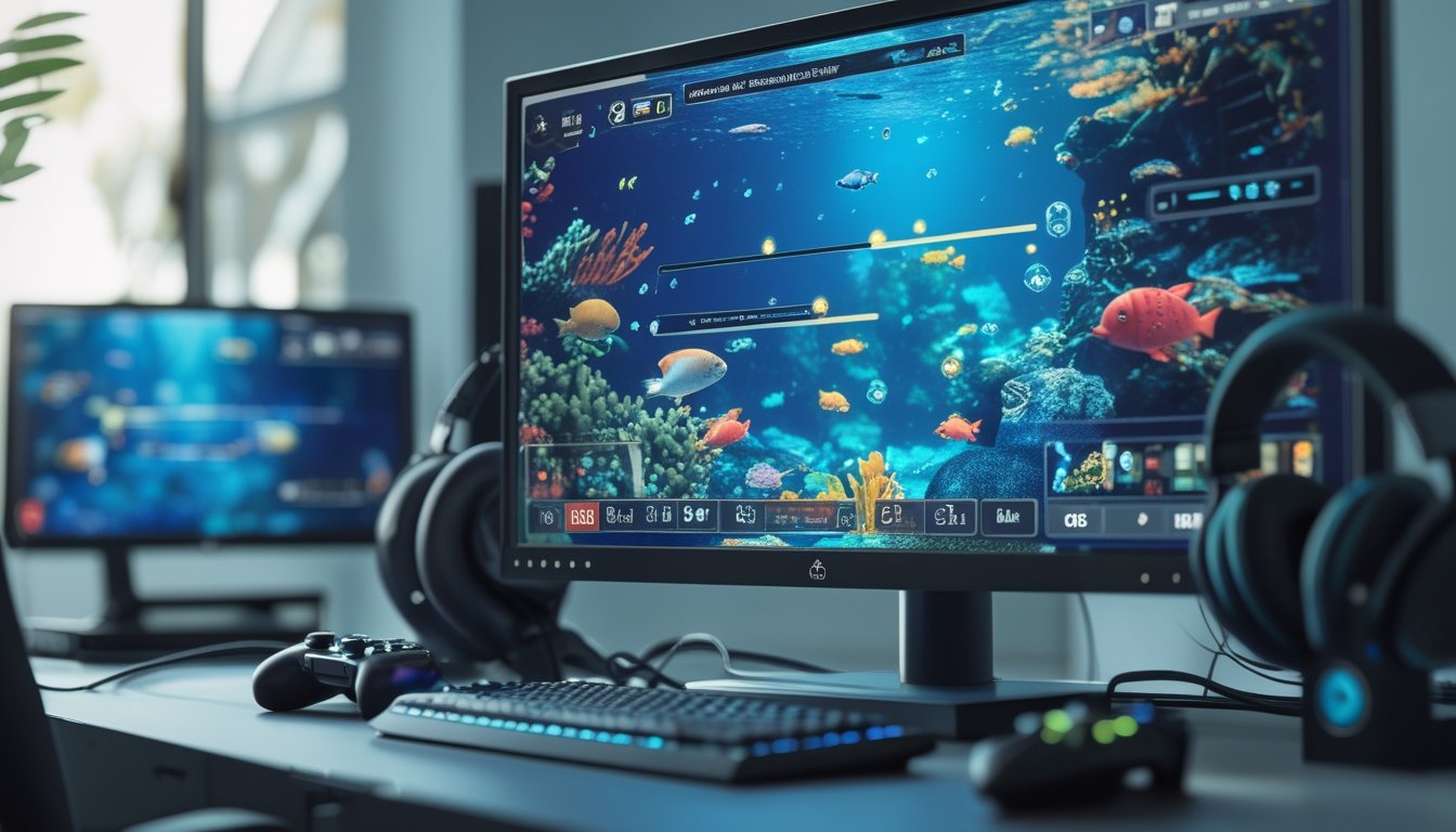Sebuah setup gaming dengan monitor yang menampilkan adegan bawah laut penuh ikan dan elemen antarmuka game, dikelilingi oleh aksesori gaming di atas meja.