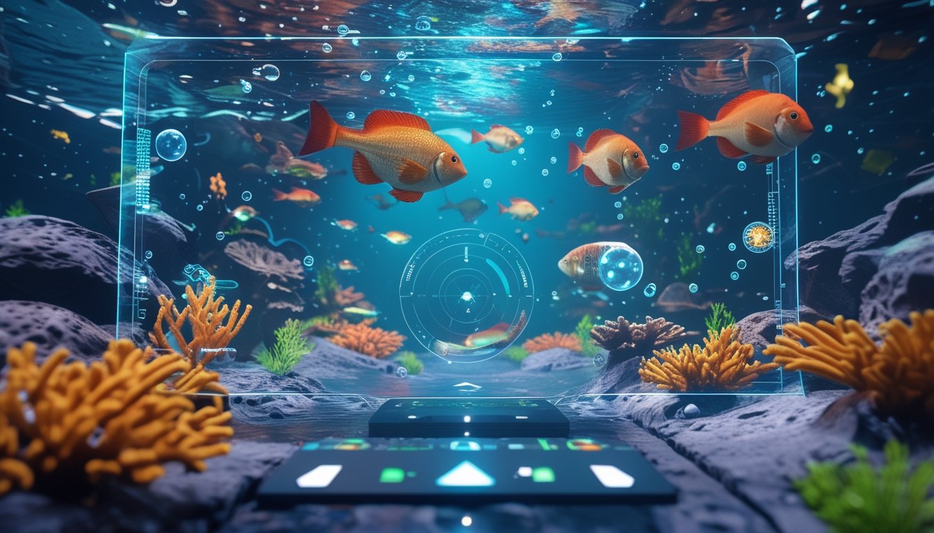 Pemandangan bawah laut dengan terumbu karang berwarna-warni dan berbagai ikan berenang, menampilkan antarmuka permainan dengan target dan indikator level.