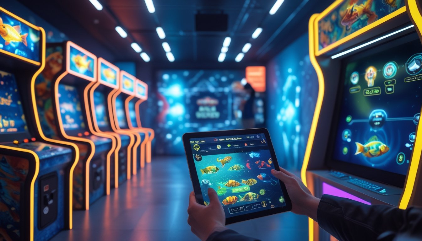 Seseorang bermain permainan tembak ikan di mesin arcade di sebelah kiri dan menggunakan tablet untuk bermain permainan tembak ikan online di sebelah kanan.