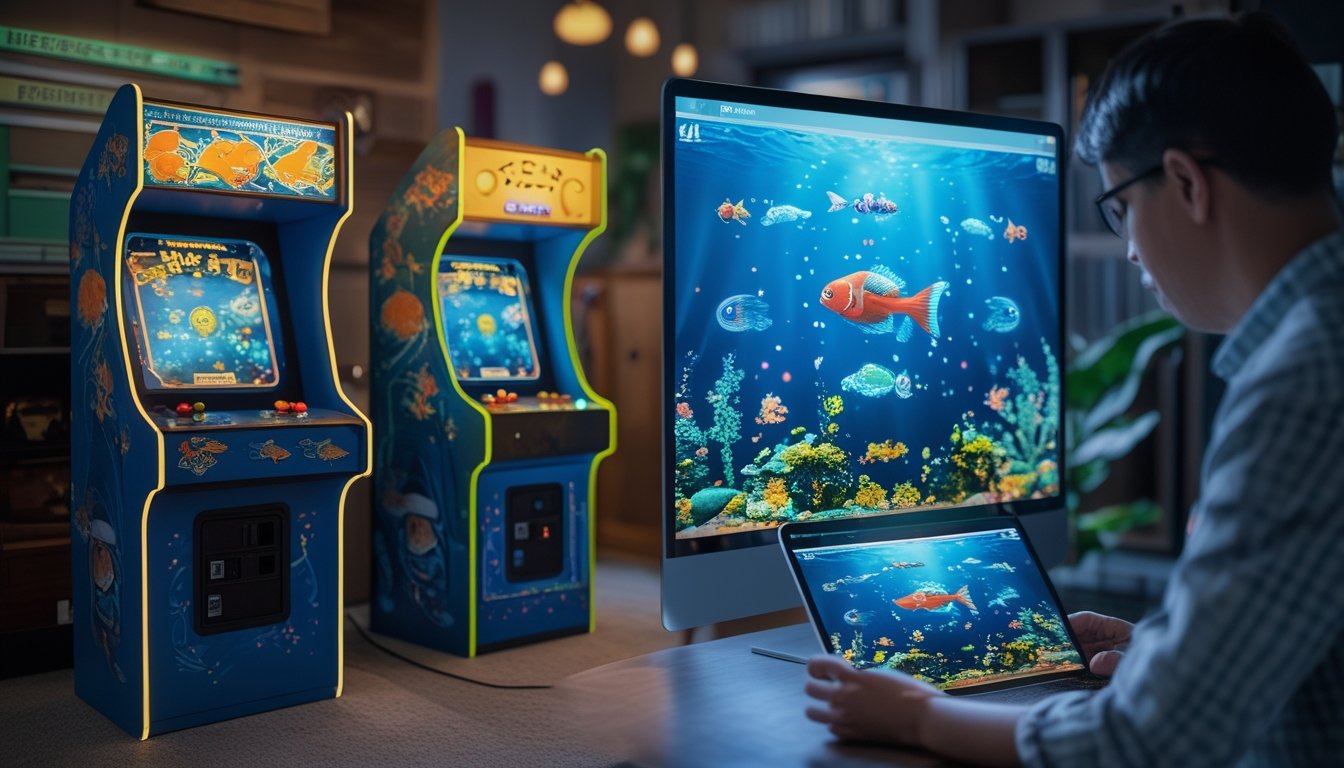 Sebuah ruangan yang menampilkan mesin permainan tembak ikan arcade klasik di satu sisi dan seseorang bermain permainan tembak ikan di laptop di sisi lain.