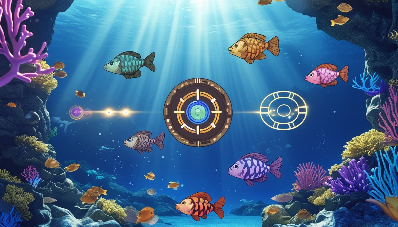Berbagai jenis ikan dan makhluk laut berwarna-warni di lingkungan bawah laut yang cerah, menunjukkan target dalam permainan tembak ikan.