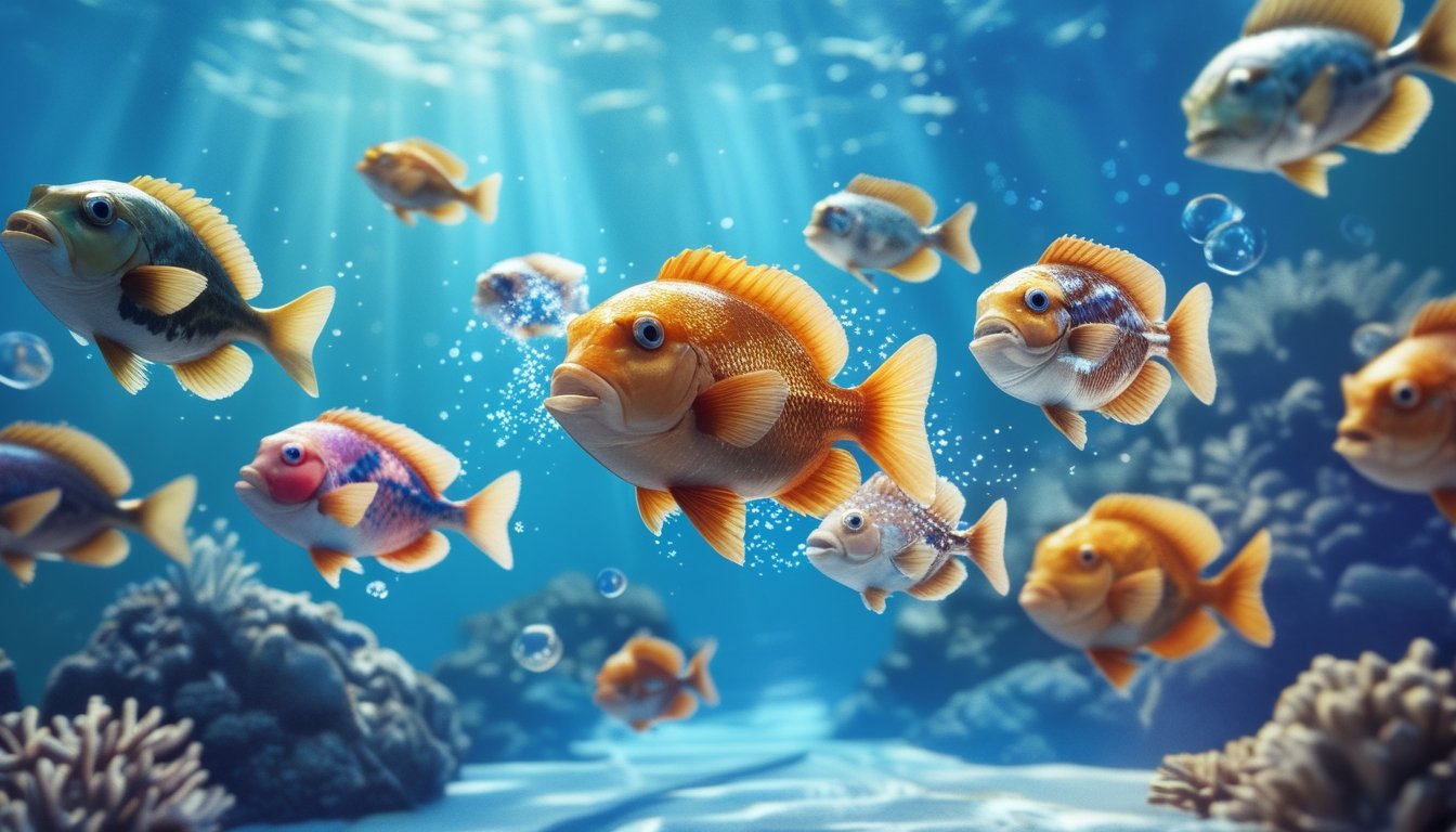Berbagai jenis ikan berwarna-warni berenang di bawah air dengan latar terumbu karang dan cahaya matahari menembus permukaan air.