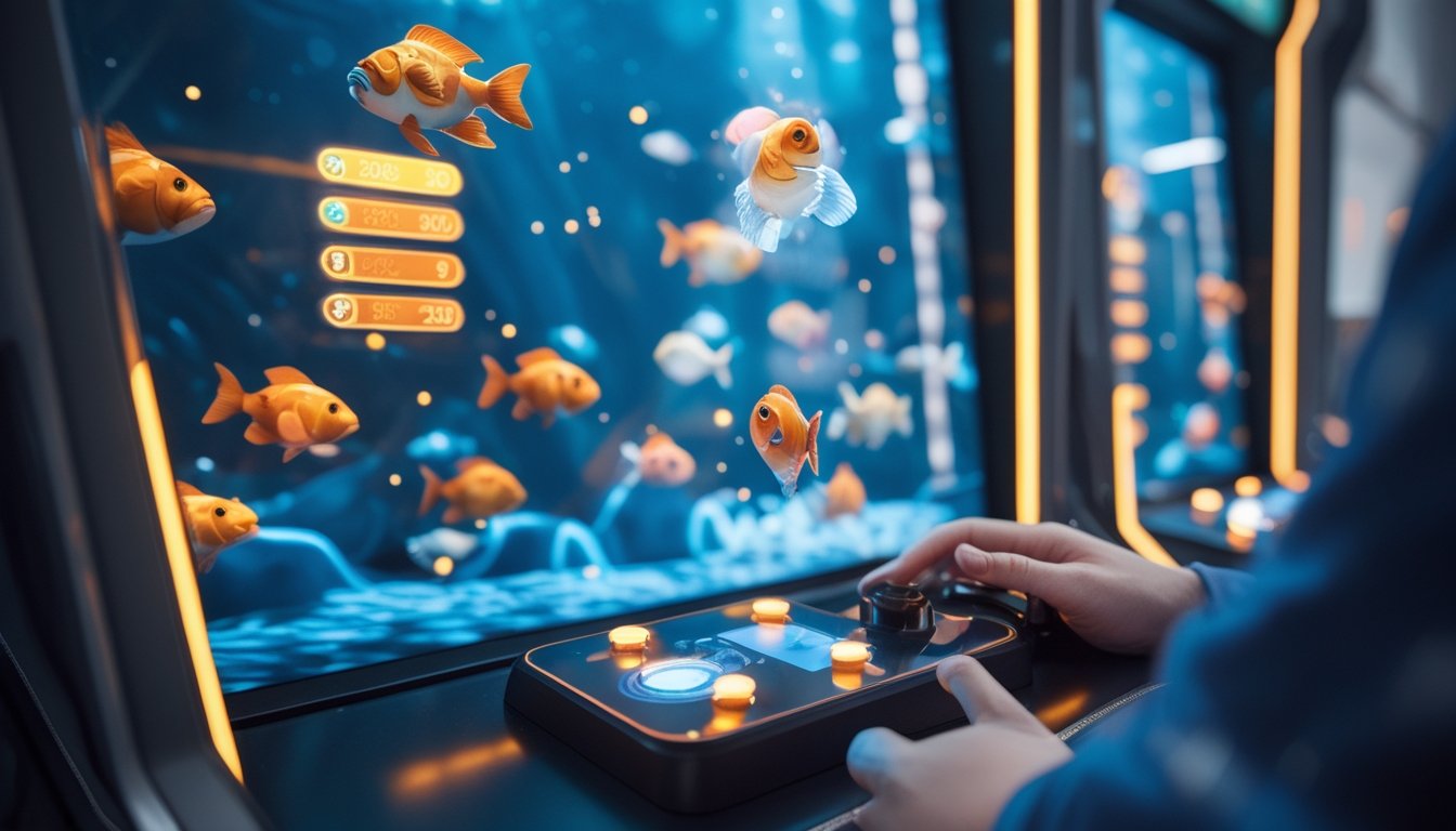 Tampilan dekat layar permainan tembak ikan modern dengan ikan berwarna-warni, indikator poin, dan tangan pemain yang memegang pengendali permainan.