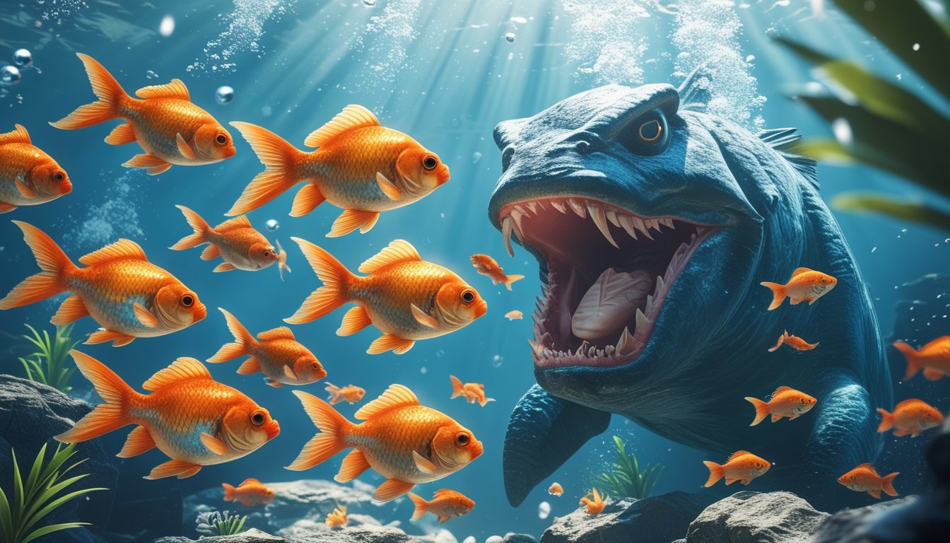 Pemandangan bawah air dengan ikan mas berwarna cerah dan ikan monster besar yang berenang bersama di air jernih.