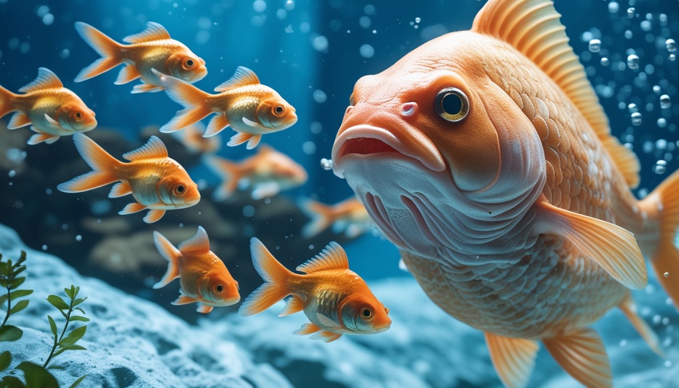 Pemandangan bawah air dengan ikan mas koki berwarna oranye berenang dan seekor ikan monster besar di lingkungan air yang jernih.